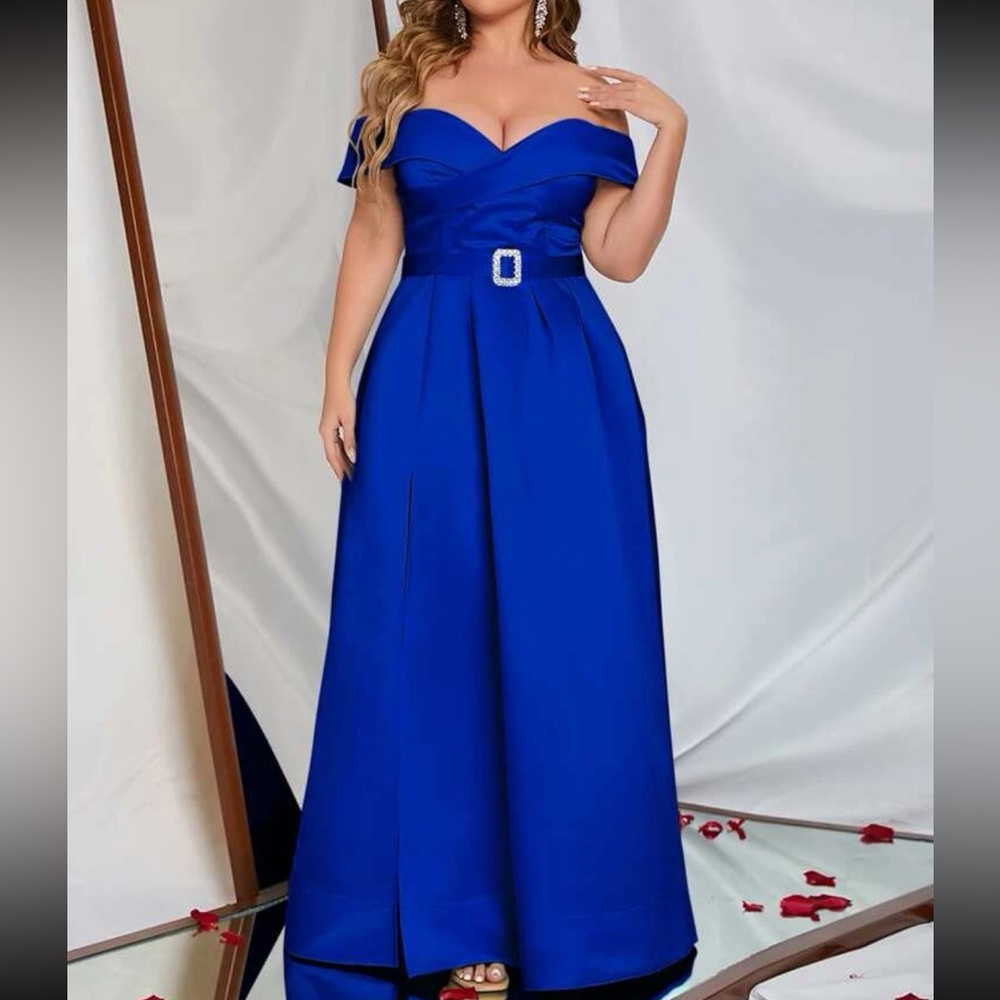 Plus size blue off shoulder party formal evening maxi dress